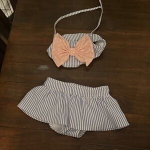 Ruffle Butts Blue and White Striped Girl's Swim Set with Pink Logo